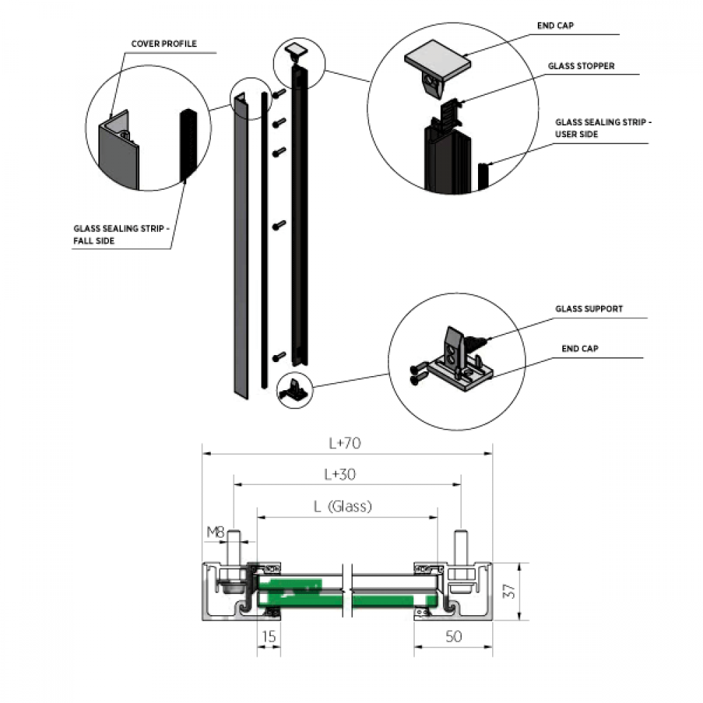 SkyForce Balcony Kit 1100mm High 12-13.5mm Glass - Mill