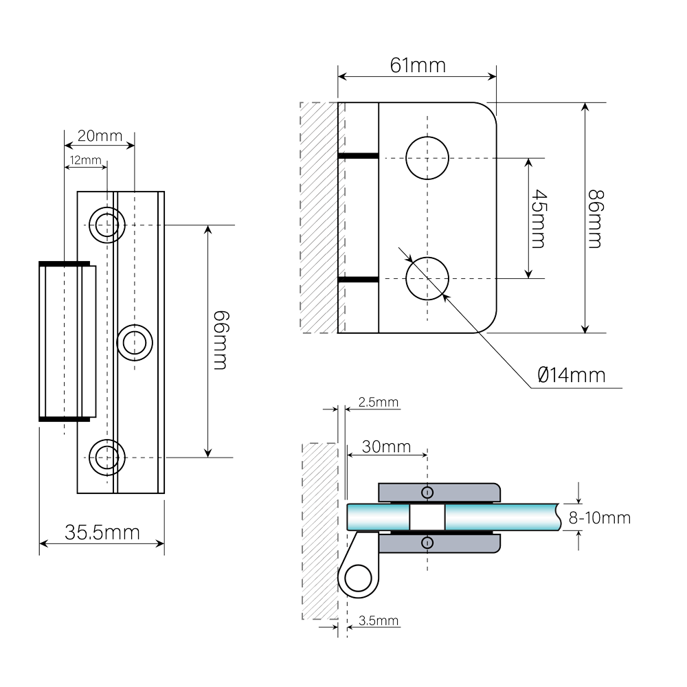 Wall To Glass Hinge - 8-10mm Glass- Polished Stainless Steel